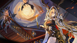  absurdres antlers_through_headwear arknights black_dress black_gloves blonde_hair breasts candle closed_mouth commentary dress ears_through_headwear female fire floating_hair gauntlets gloves hair_between_eyes highres holding holding_sword holding_weapon hood hood_up hooded_jacket jacket kourou_(kouroukun) long_hair looking_to_the_side medium_breasts multiple_views pantyhose partially_fingerless_gloves purple_eyes railing single_gauntlet single_glove stairs sword symbol-only_commentary very_long_hair viviana_(arknights) weapon white_jacket white_pantyhose 