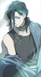  1boy aqua_eyes aqua_hair bare_shoulders black_hair black_shirt blue_eyes blue_jacket choker closed_mouth collarbone drop_shadow green_hair hair_between_eyes hair_over_shoulder jacket jewelry long_sleeves looking_at_viewer low_ponytail male_focus multicolored_hair neck_tattoo necklace off_shoulder ponytail sasanuki_(touken_ranbu) shirt simple_background sitting sleeveless smile solo streaked_hair tattoo touken_ranbu twitter_username upper_body white_background yuuki_(yukko7474) 