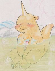  ambiguous_gender anthro bandai_namco bathing belly belly_markings blush closed_eyes digimon digimon_(species) gabumon hi_res horn hot_spring markings nude partially_submerged scalie slightly_chubby smile solo tabasukotrr traditional_media_(artwork) water 