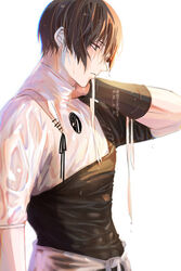  1boy arm_at_side arm_guards armor brown_hair from_side hand_up highres ishikirimaru layered_clothes looking_down male_focus profile ribbon shirt short_hair short_sleeves simple_background solo string touken_ranbu turtleneck twitter_username upper_body wet wet_clothes wet_hair wet_shirt white_background white_shirt yuuki_(yukko7474) 