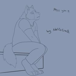  1:1 absurd_res anthro black_and_blue bodily_fluids canid canine canis crying depression english_text hi_res hindpaw looking_up male mammal meme monochrome netiscraft paws sad sitting solo tail tears text wolf 