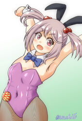  alternate_costume animal_ears arms_up badge blue_bow blue_bowtie bow bowtie commentary_request detached_collar female fishnet_pantyhose fishnets hair_bobbles hair_ornament highres kantai_collection leotard nawohata open_mouth pantyhose pink_eyes pink_hair pink_leotard playboy_bunny rabbit_ears sazanami_(kancolle) short_hair smile solo twintails wrist_cuffs 