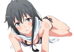  ahoge bikini black_bikini black_hair blue_eyes blush breasts female highres long_hair lying on_side parted_lips raised_eyebrows scarf shou937 side-tie_bikini_bottom simple_background small_breasts solo swimsuit very_long_hair white_background white_scarf yahari_ore_no_seishun_lovecome_wa_machigatteiru. yukinoshita_yukino 