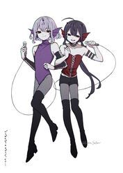  2boys :d absurdres animal_ears arieru_satan armlet bare_shoulders black_footwear black_hair black_shorts boots bulge cable closed_mouth collar cosplay crossed_bangs detached_sleeves floating full_body grey_hair grey_pantyhose hands_up head_wings highres holding holding_microphone honebami_toushirou horns leotard locked_arms long_hair looking_at_viewer male_focus microphone midriff mimi_(mermaid_melody_pichi_pichi_pitch) mimi_(mermaid_melody_pichi_pichi_pitch)_(cosplay) multiple_boys namazuo_toushirou oerba_yun_fang open_mouth otoko_no_ko pantyhose pantyhose_under_shorts ponytail purple_eyes purple_leotard red_eyes sheshe sheshe_(cosplay) short_hair shorts simple_background single_horn skin_fang sleeveless_turtleneck_leotard small_horns smile smirk spiked_armlet spiked_collar spikes strapless thigh_boots touken_ranbu twitter_username very_long_hair white_background wings 