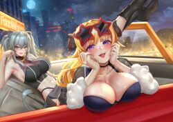  2girls alternate_costume animal_ears armpits bare_shoulders blonde_hair blush boots breasts building car choker city cleavage collarbone convertible crop_top crossed_legs dress elbow_rest eyewear_on_head fangs full_moon grey_eyes grey_hair hololive horns jagoo large_breasts legs legs_up lion_ears lion_girl lion_tail long_hair midriff moon motor_vehicle multiple_girls navel night open_mouth panty_straps purple_eyes sheep_ears sheep_girl sheep_horns shishiro_botan shishiro_botan_(1st_costume) sideboob skyscraper sleeveless smile star-shaped_eyewear star_(symbol) stomach sunglasses tail tsunomaki_watame virtual_youtuber what_an_amazing_swing 