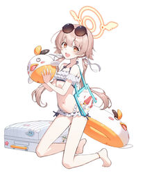  absurdres ball bare_legs bare_shoulders barefoot beachball bikini blue_archive blush eyewear_on_head female frilled_bikini frills goeleu halo hifumi_(blue_archive) hifumi_(swimsuit)_(blue_archive) highres innertube light_brown_hair long_hair looking_at_viewer low_twintails official_alternate_costume open_mouth peroro_(blue_archive) round_eyewear simple_background smile solo suitcase sunglasses swim_ring swimsuit twintails white_background white_bikini yellow_eyes yellow_halo 