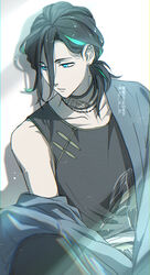  1boy aqua_eyes aqua_hair bare_shoulders black_hair black_shirt blue_eyes blue_jacket choker closed_mouth collarbone drop_shadow green_hair hair_between_eyes hair_over_shoulder jacket jewelry long_sleeves looking_down looking_to_the_side low_ponytail male_focus multicolored_hair neck_tattoo necklace off_shoulder ponytail sasanuki_(touken_ranbu) shirt simple_background sitting sleeveless solo streaked_hair tattoo touken_ranbu twitter_username upper_body white_background yuuki_(yukko7474) 