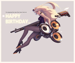  absurdres backless_outfit blue_eyes breasts english_text fabarm_sat-8 female fingerless_gloves from_side girls&#039;_frontline gloves guiguz gun happy_birthday headband high_heels highres huge_weapon leotard long_hair midair pantyhose profanity s.a.t.8_(girls&#039;_frontline) shield_module shotgun simple_background weapon 