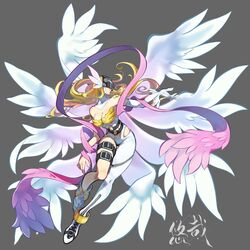  angel angel_wings angewomon anklet bare_shoulders belt black_belt blonde_hair bodysuit boots breasts cleavage closed_mouth clothing_cutout commentary covered_collarbone covered_eyes digimon digimon_(creature) elbow_gloves female fingernails floating_hair fold-over_boots full_body gloves grey_background hagoromo helmet helmet_over_eyes highres hip_vent jewelry leg_belt long_hair medium_breasts navel navel_cutout o-ring shawl simple_background single_boot single_elbow_glove smile solo symbol-only_commentary turtleneck white_bodysuit white_gloves white_wings winged_helmet wings wrist_wings youzaiyouzai112 zipper 