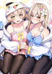  2girls :d arm_up bare_shoulders black_pantyhose blue_archive blue_bow blush bow breasts brown_hair cleavage closed_mouth collarbone commentary_request flower hair_between_eyes hair_flower hair_ornament halo hifumi_(blue_archive) highres holding_hands hood hood_up hooded_jacket interlocked_fingers jacket konka long_sleeves looking_at_viewer medium_breasts multiple_girls nagisa_(blue_archive) nail_polish open_clothes open_jacket pantyhose peroro_(blue_archive) pink_flower pink_nails puffy_long_sleeves puffy_sleeves simple_background small_breasts smile white_background white_flower white_jacket yellow_bow yellow_eyes yellow_nails 