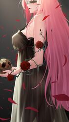  absurdres ass black_blindfold black_nails black_nightgown blindfold breasts falling_petals female flower highres hololive hololive_english large_breasts long_hair mori_calliope mori_calliope_(sleepwear) nightgown official_alternate_costume panties_visible_through_clothes parted_lips petals red_flower red_rose rose skull solo somebody_(leiking00) strap_gap thorns very_long_hair virtual_youtuber 