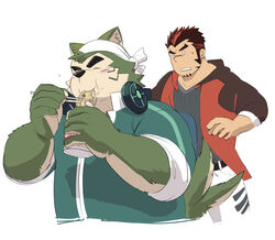  akashi_(live_a_hero) anthro blush canid canine canis cup_noodles domestic_dog duo eating electronics eyebrows food fur green_body green_fur headphones headphones_around_neck hi_res human inutora08 lifewonders live_a_hero male mammal mokdai noodles ramen tail tail_motion tailwag thick_eyebrows 