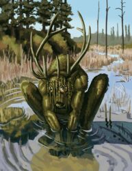  absurd_res anthro antlers celtic_mythology cervine crouching deer elk european_mythology hi_res horn kelpie looking_at_viewer looking_up male mammal mo_(momamo) momamo mythological_creature mythological_equine mythology outside plant seaweed sitting_in_water solo 