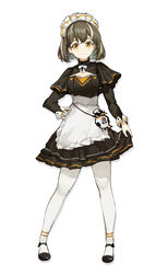  absurdres alternate_costume apron arknights black_dress black_footwear black_skirt bow breasts brown_eyes brown_hair closed_mouth commentary_request dress earrings enmaided female frilled_apron frills full_body hand_on_own_hip highres jewelry long_sleeves looking_at_viewer magallan_(arknights) maid maid_headdress multicolored_hair pantyhose shoes simple_background skirt small_breasts smile solo streaked_hair waist_apron white_apron white_background white_bow white_pantyhose zzq 