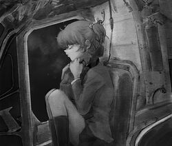  absurdres alisa_(girls_und_panzer) asphyxiation backpack bag bags_under_eyes blazer closed_mouth feet_out_of_frame female fire_extinguisher freckles from_side girls_und_panzer greyscale hair_ornament highres holding holding_bag jacket kneehighs knees_up long_sleeves looking_ahead monochrome on_chair payama pleated_skirt reference_request rolling_eyes school_uniform short_hair short_twintails sitting skirt socks solo space spacecraft_interior star_(sky) star_(symbol) star_hair_ornament tearing_up twintails 