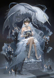  absurdres angel_statue animal bare_legs bare_shoulders black_background blue_eyes blue_gemstone braid braided_bangs breasts bridal_veil candle candlestand carpet cleavage coal collarbone crack cross detached_sleeves dress earrings exposed_bone female fire fish flying_animal flying_fish full_body gem hair_bun high_heels highres holding horns jewelry layered_dress light_particles looking_ahead medium_breasts monster necklace original parted_lips reflective_floor running_bond school_of_fish see-through see-through_sleeves single_hair_bun single_horn sitting sitting_on_object smile solo stairs stiletto_heels strapless strapless_dress tiara tombstone updo veil waves wedding_dress wet white_dress zzom_b 