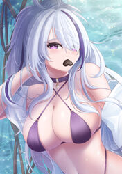  ahoge azur_lane bikini breasts candy chocolate choker cleavage collarbone criss-cross_halter eyes_visible_through_hair female food food_in_mouth grey_hair grey_pupils halterneck hand_in_own_hair heart heart-shaped_chocolate highleg highleg_bikini large_breasts long_hair multicolored_hair off_shoulder official_alternate_costume purple_bikini purple_choker purple_eyes purple_hair rika_ryne shirt signature solo streaked_hair swimsuit unzen_(azur_lane) unzen_(sojourn_through_clear_seas)_(azur_lane) upper_body water white_shirt 