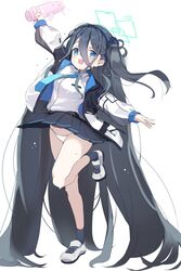  absurdly_long_hair aris_(blue_archive) black_hair black_skirt black_socks blue_archive blue_eyes blue_necktie blush collared_shirt female full_body green_halo halo haniwa_(statue) highres holding jacket long_hair long_sleeves looking_at_viewer necktie open_mouth panties pleated_skirt shirt shoes simple_background skirt smile socks solo standing standing_on_one_leg teranekosu two-sided_fabric two-sided_jacket underwear very_long_hair white_background white_footwear white_jacket white_panties white_shirt 