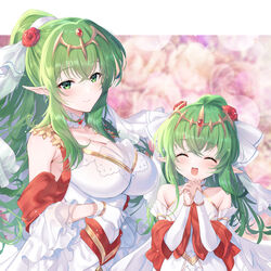  2girls :d awayuki_ramika bare_shoulders breasts bridal_veil cleavage closed_eyes commentary_request dress dual_persona feather-trimmed_dress fire_emblem fire_emblem:_mystery_of_the_emblem fire_emblem_awakening fire_emblem_heroes flower green_eyes green_hair hair_ornament highres huge_breasts long_hair looking_at_viewer multiple_girls official_alternate_costume open_mouth own_hands_together partial_commentary pointy_ears ponytail rose smile tiara tiki_(adult)_(bridal)_(fire_emblem) tiki_(adult)_(fire_emblem) tiki_(fire_emblem) tiki_(young)_(bridal)_(fire_emblem) tiki_(young)_(fire_emblem) upper_body veil wedding_dress white_dress 