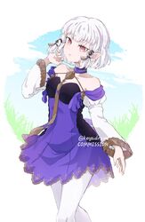  breasts choker commentary commission dress feet_out_of_frame female fire_emblem fire_emblem:_three_houses highres keyadraws long_sleeves looking_at_viewer lysithea_von_ordelia pantyhose pink_eyes pointy_ears short_hair small_breasts symbol-only_commentary twitter_username white_hair 