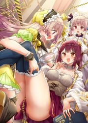  3girls :d :o alt_(ctrldel) arm_around_leg ass atelier_(series) atelier_lydie_&amp;_suelle blush book boots breasts brown_hair cleavage commentary_request cowgirl_position dress embarrassed facing_viewer green_dress hair_between_eyes hairband happy head_scarf highres holding holding_book indoors kneeling knees_up leaning_forward leaning_on_person legs legs_up lolita_hairband long_hair long_sleeves looking_at_another lydie_marlen medium_breasts miniskirt multiple_girls nervous nervous_smile red_eyes red_hair red_skirt short_sleeves skirt smile sophie_neuenmuller striped_clothes striped_thighhighs suelle_marlen thighhighs thighs upskirt vertical-striped_clothes vertical-striped_thighhighs very_long_hair white_dress wide_sleeves 