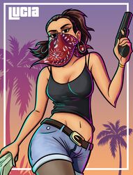  absurdres bandana bandana_over_mouth black_camisole black_eyes breasts brown_hair camisole cleavage commentary contrapposto crop_top earrings english_commentary female finger_on_trigger grand_theft_auto grand_theft_auto_vi groin gun handgun highres holding holding_gun holding_money holding_weapon hoop_earrings jewelry lucia_(grand_theft_auto) medium_breasts midriff money navel palm_tree pantyhose pantyhose_under_shorts ponytail red_bandana schoolyardloser short_shorts shorts solo tank_top tree weapon widow&#039;s_peak 