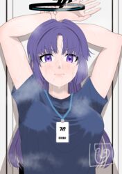  absurdres against_wall arms_up blue_archive blue_shirt blush breasts check_commentary closed_mouth commentary commentary_request do_kusuri female frown gym_shirt gym_uniform halo highres holding_own_arm id_card lanyard lips long_bangs long_hair looking_at_viewer mechanical_halo medium_breasts official_alternate_costume purple_eyes purple_hair shadow shirt signature steam steaming_body sweat sweat_stain t-shirt upper_body very_sweaty yuuka_(blue_archive) yuuka_(track)_(blue_archive) 