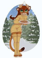  2023 anthro antlers brown_body brown_fur candy chocolate chocolate_chip_cookie chocolate_chips clothed clothing cookie dessert digital_media_(artwork) feet felid feline female food front_view full-length_portrait fully_clothed fur green_eyes hair hi_res holding_cookie holding_food holding_object holding_plate holley_(sclimshady) horn leaning leaning_forward leg_warmers legwear long_shirt long_tail looking_at_viewer mammal open_mouth open_smile pink_nose plant ponytail portrait red_hair smile snow solo standing sweater tail toeless_legwear toes topwear tree yellow_clothing yellow_leg_warmers yellow_legwear yellow_sweater yellow_topwear yshanii 