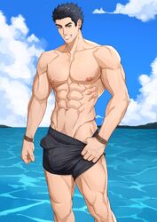  1boy abs absurdres bara beard_stubble black_hair facial_hair highres looking_at_viewer lu_bai_(bhgzdhnorn3p9v8) lucas_lee male_focus male_underwear male_underwear_pull muscular muscular_male nipples pectorals pulling_own_clothes scott_pilgrim_(series) short_hair smile solo stubble underwear water 