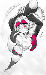  absurdres bandaged_hand bandages bandeau black_choker black_shorts black_thighhighs breasts choker cleavage collarbone cropped_jacket curvy female fingernails flexible goggles goggles_on_head highres large_breasts light_blush long_bangs looking_at_viewer looking_up midriff motion_lines navel niwamaru_(niwarhythm) niwarhythm original pants pink_eyes pink_trim shiny_skin shorts smile soles sparkle split standing standing_on_one_leg standing_split strapless thick_thighs thighhighs thighs toes toned torn_clothes torn_pants underboob white_background 