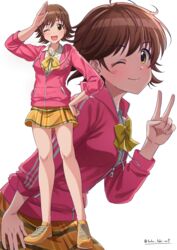  absurdres arm_up artist_name bare_legs bow bowtie breasts brown_hair collared_shirt cowboy_shot eyelashes female full_body hand_on_own_hip hand_on_own_thigh hand_up highres honda_mio idolmaster idolmaster_cinderella_girls jacket leaning_forward legs long_sleeves medium_breasts multiple_views one_eye_closed open_mouth orange_footwear orange_skirt partially_unzipped pink_jacket plaid plaid_skirt salute school_uniform shadow shirt shoes short_hair simple_background skirt smile sneakers takatsuki_p track_jacket twitter_username v white_background white_shirt yellow_bow yellow_bowtie yellow_eyes 