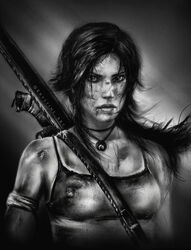  arm_strap blood blood_on_face breasts camisole commentary dirty dirty_clothes dirty_face female furrowed_brow greyscale highres jewelry krystine_art lara_croft long_hair medium_breasts messy_hair monochrome necklace realistic serious solo tomb_raider tomb_raider_(reboot) twitter_username 