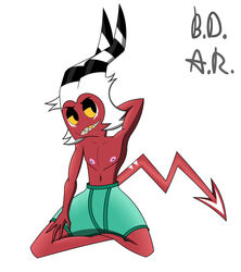  absurd_res b.d.a.r. bottomwear clothed clothing crimson_(helluva_boss) gold_(metal) gold_tooth hair helluva_boss hi_res humanoid imp male nipples presenting shorts shorts_only showing_chest solo tail topless white_hair 