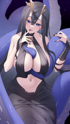  antlers asymmetrical_antlers azur_lane bandaged_wrist bandages bare_shoulders black_dress black_hair black_nails blue_eyes breast_curtains breasts commentary_request deer_antlers dress female golden_hind_(azur_lane) highres horns large_breasts licking licking_finger long_hair looking_at_viewer mole mole_under_mouth nail_polish navel reindeer_antlers revealing_clothes seele0907 solo stomach tentacle tentacle_between_breasts tongue tongue_out very_long_hair 