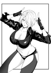  angel_(kof) backless_pants black872233196 blue_eyes border bra breasts chaps cleavage crop_top cropped_jacket female fingerless_gloves gloves hair_over_one_eye horns_pose index_fingers_raised jacket large_breasts leather leather_jacket looking_at_viewer midriff navel panties pants short_hair smile snk solo strapless strapless_bra the_king_of_fighters the_king_of_fighters_xiv toned underwear white_background white_border white_hair 