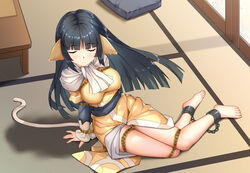  animal_ears arms_behind_back bare_legs barefoot black_hair blush bondage bondage bound bound_legs breasts cat_tail closed_eyes covered_nipples cuffs cushion female from_above haimei1980 hand_on_floor highres hime_cut japanese_clothes long_hair on_floor scarf shackles sitting table tail tatami utawarerumono yuzuha_(utawarerumono) 