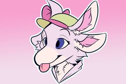  ambiguous_gender anthro avali avian blep blue_eyes bow_hat clothing clothing_bow gradient_background hat headgear headshot_portrait headwear hi_res kerolink kodadoesart male_(lore) pink_background portrait simple_background solo straw_hat tongue tongue_out 