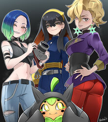  3girls armband ass ass_visible_through_thighs bare_shoulders black_armband black_hair black_shirt blonde_hair blue_hair bob_cut breasts briar_(pokemon) bright_pupils brown_eyes butcha-u camera carmine_(pokemon) colored_inner_hair crop_top gradient_hair grey_shirt hairband hands_on_own_hips highres holding holding_camera jacket long_hair looking_at_viewer loose_hair_strand mole mole_under_eye multicolored_hair multiple_girls navel off-shoulder_shirt off_shoulder ogerpon pants partially_shaded_face perrin_(pokemon) pokemon pokemon_(creature) pokemon_sv purple_jacket red_pants ribbed_shirt shaded_face shirt smile stomach very_long_hair white_pupils yellow_eyes yellow_hairband 