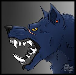  black_border blue_body blue_fur border canid canine canine_teeth canis ear_piercing fur male mammal matt_werewolf mouth_shot mythological_canine mythological_creature mythology open_mouth piercing scar snarling solo teeth under_bite were werecanid werecanine werewolf wolf yamatopawa yellow_sclera 