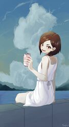  :d arm_support artist_name bare_shoulders blue_sky blush bob_cut breasts brown_eyes brown_hair can cloud commentary cumulonimbus_cloud day dress dress_ribbon drink drink_can eizouken_ni_wa_te_wo_dasu_na! female from_behind gradient_sky hair_over_shoulder highres holding holding_can holding_drink inverted_bob lake light_blush looking_at_viewer looking_back mizusaki_tsubame mountainous_horizon open_mouth outdoors ribbon romaji_commentary sayuri_44444 shaft_look short_dress short_hair signature sitting sky sleeveless sleeveless_dress small_breasts smile soda_can sundress swept_bangs thick_eyebrows water white_dress white_ribbon yellow_sky 