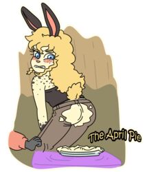  2023 alpha_channel anthro april_fools&#039;_day ass bisonvega black_body black_clothing black_fur black_shirt black_spots black_topwear blonde_eyebrows blonde_hair blue_eyes blush blush_lines blush_stickers bottomwear brown_bottomwear brown_clothing brown_pants clothing cousin_bunny_(bisonvega) dessert dirty dirty_clothing embarrassed english_text eyebrows eyelashes female food food_on_butt fur grey_body grey_fur hair holidays lagomorph leporid lolicon looking_back mammal markings offscreen_character pants pastry pie pink_nose prank rabbit rabbit_ears scut_tail shirt short_tail sitting_on_food spots spotted_body spotted_fur tail tan_body tan_fur text topwear yellow_tail young young_anthro young_female 