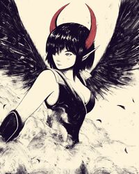  absurdres akramness bare_shoulders black_dress black_hair black_wings breasts cleavage closed_mouth commentary dress female hair_over_one_eye highres horns medium_hair original pointy_ears red_horns simple_background sleeveless sleeveless_dress smoke solo upper_body white_background wings 