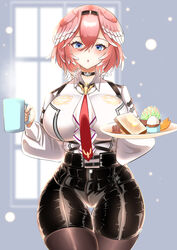  absurdres black_choker black_hairband black_shorts blue_eyes bread bread_slice breasts butter choker collared_shirt colored_tips cowboy_shot cup curvy female food hair_between_eyes hairband head_wings high-waist_shorts highres holding holding_cup holding_plate hololive large_breasts multicolored_hair necktie pantyhose pantyhose_under_shorts pink_hair plate red_necktie sausage shirt short_hair shorts solo takane_lui takane_lui_(1st_costume) thigh_gap toast virtual_youtuber volke._(tubamenora) white_hair white_shirt wide_hips wings zipper zipper_pull_tab 