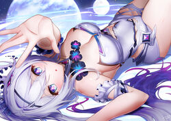  +_+ :o bare_shoulders blue_eyes blush breasts cleavage diamond-shaped_pupils diamond_(shape) dress female full_moon gem gradient_hair hair_between_eyes hair_ornament hair_spread_out highres honkai_(series) honkai_impact_3rd kiana_kaslana kiana_kaslana_(herrscher_of_finality) long_hair looking_at_viewer lying medium_breasts moon multicolored_eyes multicolored_hair on_back open_mouth parted_lips purple_hair solo strapless strapless_dress symbol-shaped_pupils thighs very_long_hair white_dress white_hair xfate 