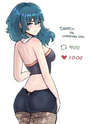  ass black_shorts blue_eyes blue_hair breasts butt_crack byleth_(female)_(fire_emblem) byleth_(fire_emblem) chascoby commentary crop_top english_commentary english_text female fire_emblem fire_emblem:_three_houses from_behind highres looking_at_viewer looking_back medium_breasts meme pantyhose shorts solo twitter_strip_game_(meme) white_background 