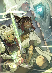  2girls :d absurdres animal_ears battle blood breasts brown_eyes brown_hair cape fantasy gauntlets green_eyes grin hide_(hideout) highres holding holding_sword holding_weapon laurel_crown magic_circle monster multiple_girls original ponytail smile sword weapon white_hair 