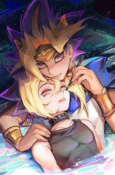  2boys absurdres applying_makeup atem belt_collar black_eyeliner black_shirt black_tank_top blue_cape bracer cape closed_mouth collar collarbone egyptian_clothes eyelashes eyeliner highres lying makeup male_focus multiple_boys muto_yugi namikaze_(dobbyka) on_back partially_submerged pectorals red_eyes shirt signature spiked_hair tan tank_top yaoi yu-gi-oh! yu-gi-oh!_duel_monsters 