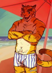  2023 anthro artist_name athletic athletic_anthro athletic_male beach beach_umbrella boxers_(clothing) brown_body brown_fur brown_stripes chest_tuft clothing colored countershade_arms countershade_face countershade_torso countershading crossed_arms dipstick_tail fangs felid fur gerundank male mammal markings morenatsu multicolored_body multicolored_fur navel open_mouth open_smile pantherine parasol pattern_clothing pattern_underwear portrait sand sea seaside sharp_teeth smile solo striped_boxers striped_clothing striped_underwear stripes tail tail_markings tan_body tan_countershading tan_fur teeth three-quarter_portrait tiger torahiko_(morenatsu) tuft underwear water yellow_body yellow_fur 