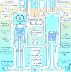  2023 animatronic anthro barefoot big_feet blue_background blue_body blue_fur bonbon_(nikksilil) breasts buckteeth clothed clothing cotton_tail digital_media_(artwork) english_text eyelashes feet female five_nights_at_freddy&#039;s five_nights_at_freddy&#039;s_2 floppy_ears front_view fur green_eyes hi_res lagomorph leporid long_ears lop_ears machine mammal model_sheet nikksilil overalls rabbit rear_view robot scottgames simple_background small_breasts solo straw_in_mouth teeth text topwear toy_bonnie_(fnaf) white_clothing white_topwear 