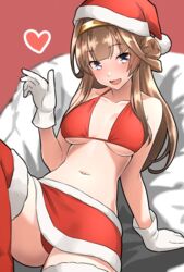  bikini blush breasts brown_hair christmas collarbone commentary_request female fur-trimmed_thighhighs fur_trim furaggu_(frag_0416) gloves hat heart highres kantai_collection kongou_(kancolle) large_breasts long_hair looking_at_viewer navel open_mouth pom_pom_(clothes) purple_eyes red_bikini red_hat red_thighhighs santa_bikini santa_hat smile solo swimsuit thighhighs white_gloves 